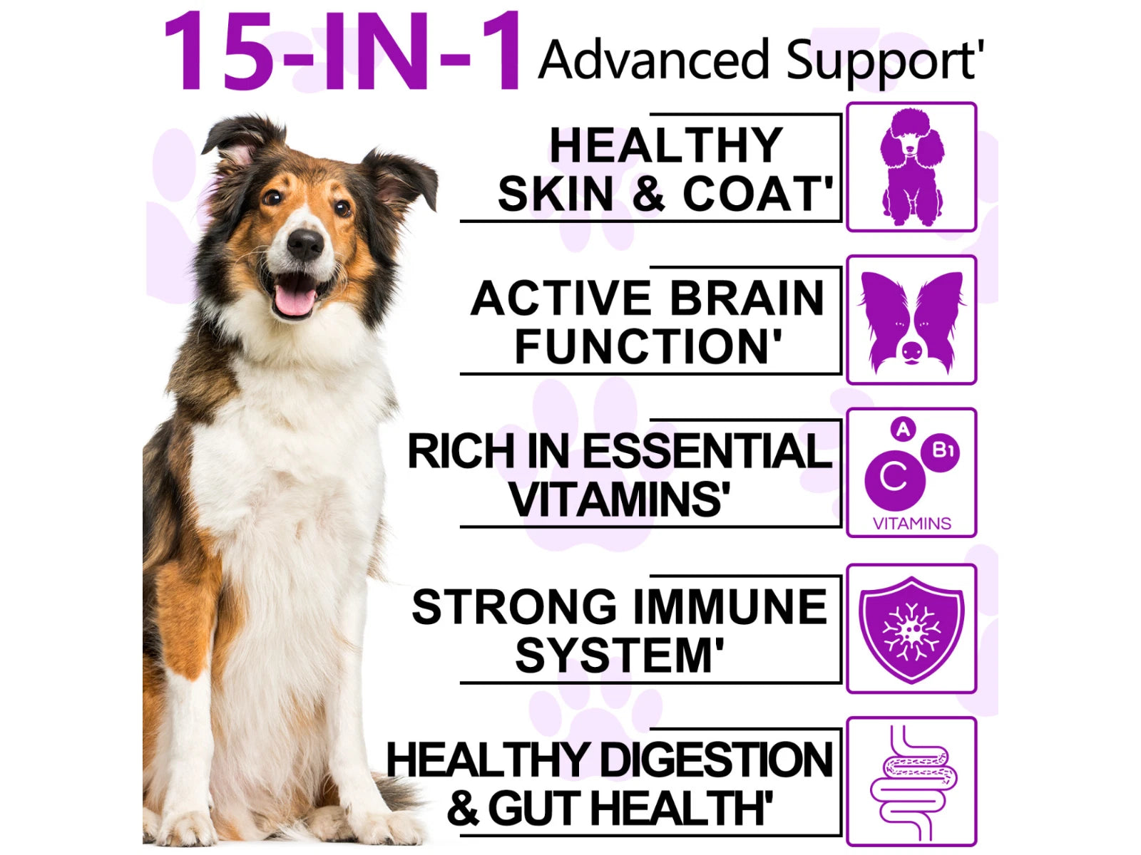 Multivitamin and probiotic soft chewable tablets for dogs. 15 in 1 Dog Multivitamins and Supplements for Hip + Joint + Skin + Coat, 30CT
