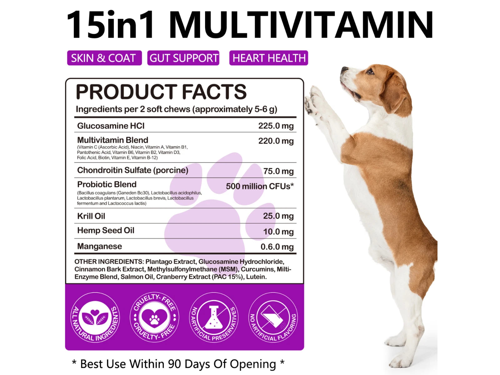 Multivitamin and probiotic soft chewable tablets for dogs. 15 in 1 Dog Multivitamins and Supplements for Hip + Joint + Skin + Coat, 30CT