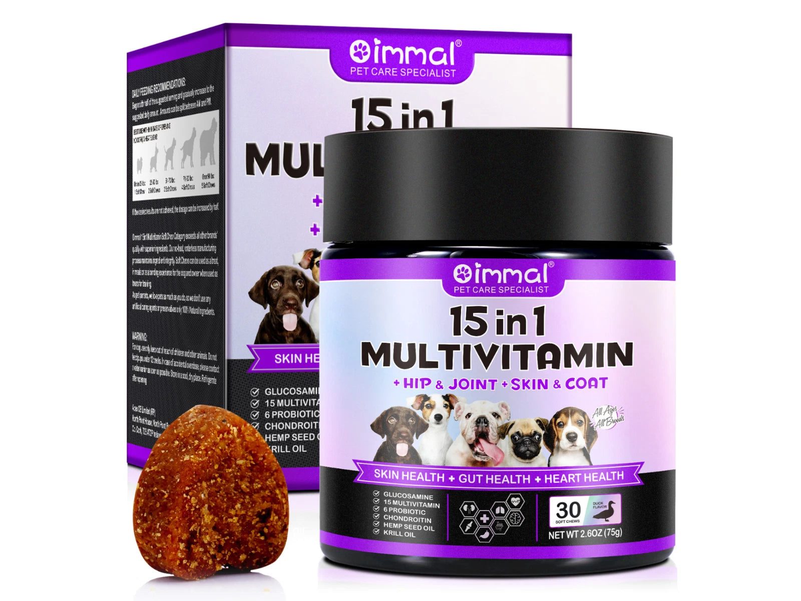 Multivitamin and probiotic soft chewable tablets for dogs. 15 in 1 Dog Multivitamins and Supplements for Hip + Joint + Skin + Coat, 30CT
