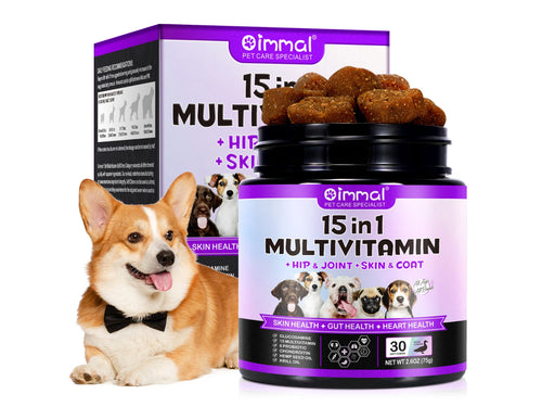 Multivitamin and probiotic soft chewable tablets for dogs. 15 in 1 Dog Multivitamins and Supplements for Hip + Joint + Skin + Coat, 30CT