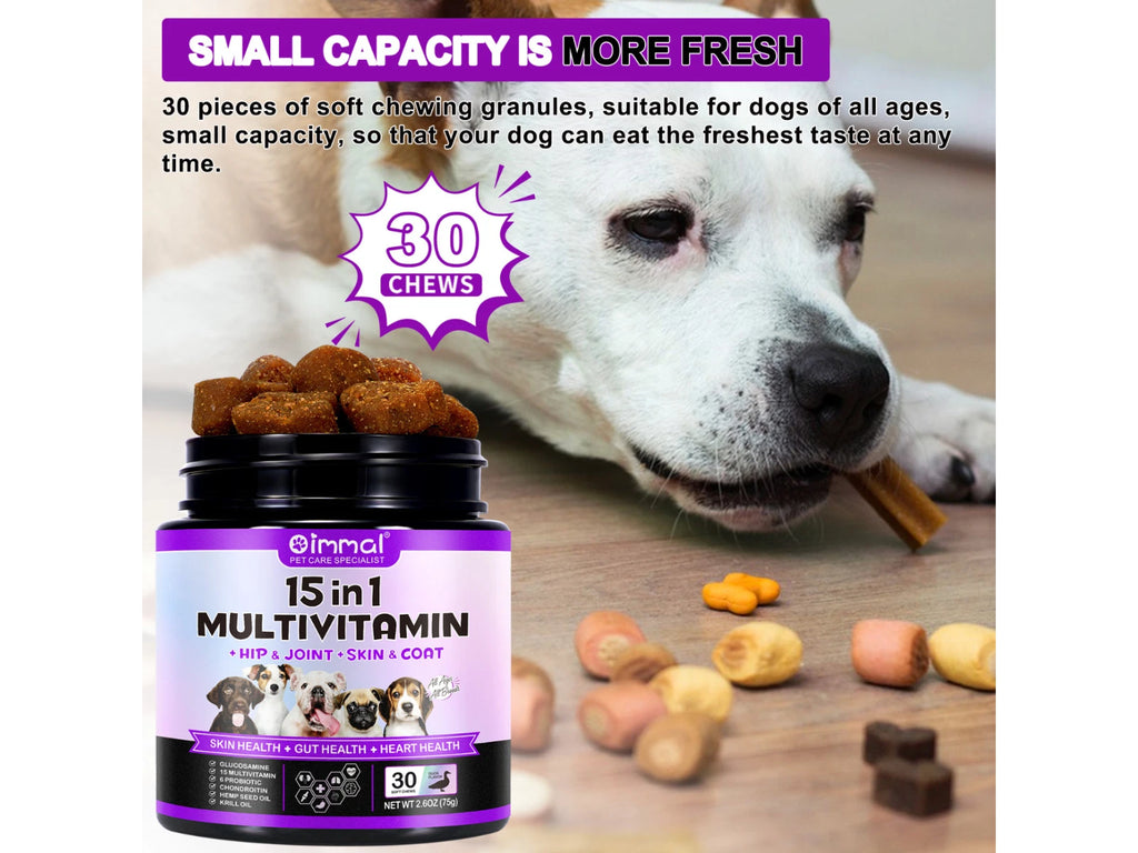 Multivitamin and probiotic soft chewable tablets for dogs. 15 in 1 Dog Multivitamins and Supplements for Hip + Joint + Skin + Coat, 30CT